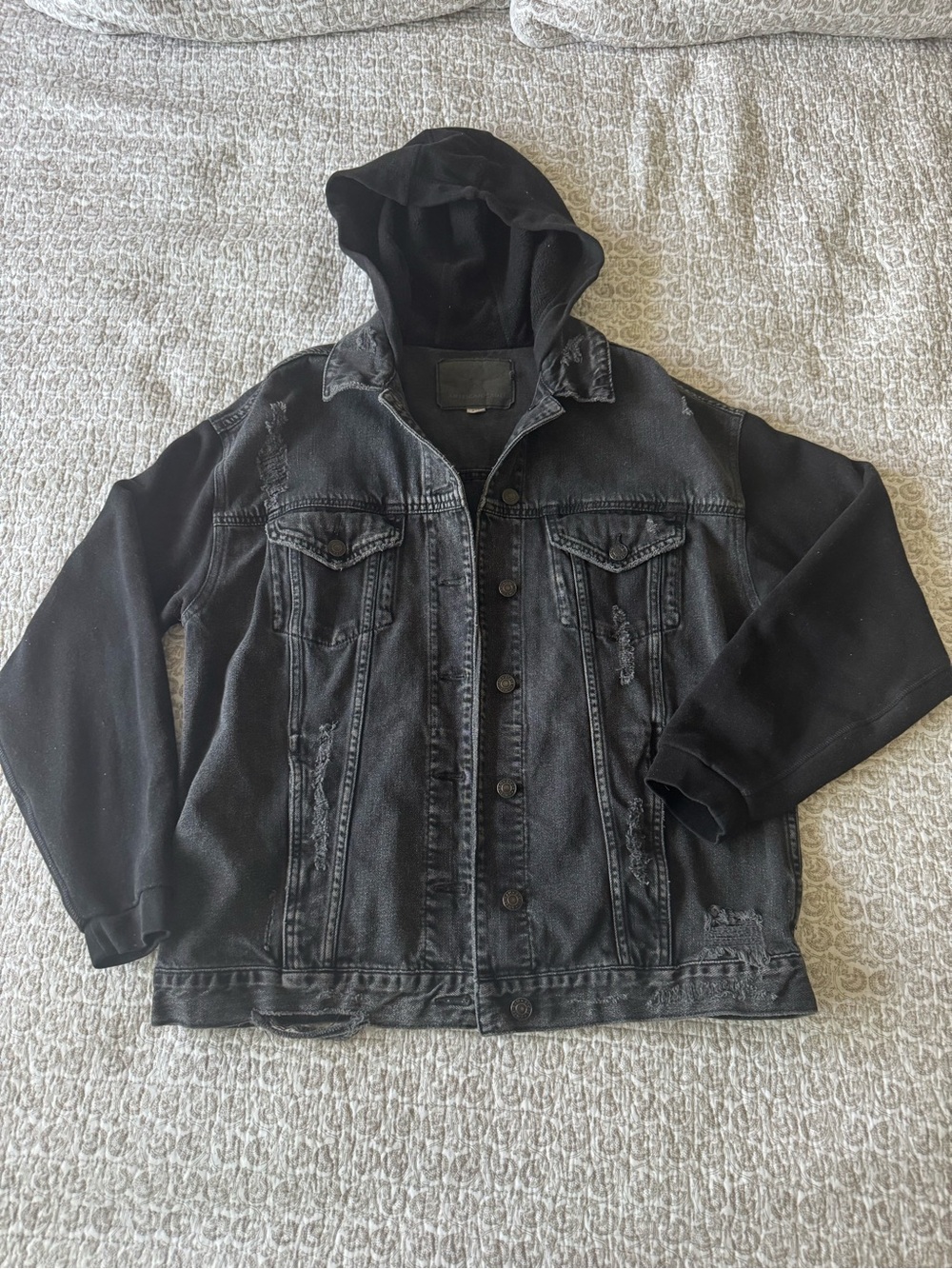 American Eagle Outfitters Black Hooded Jean Jacket